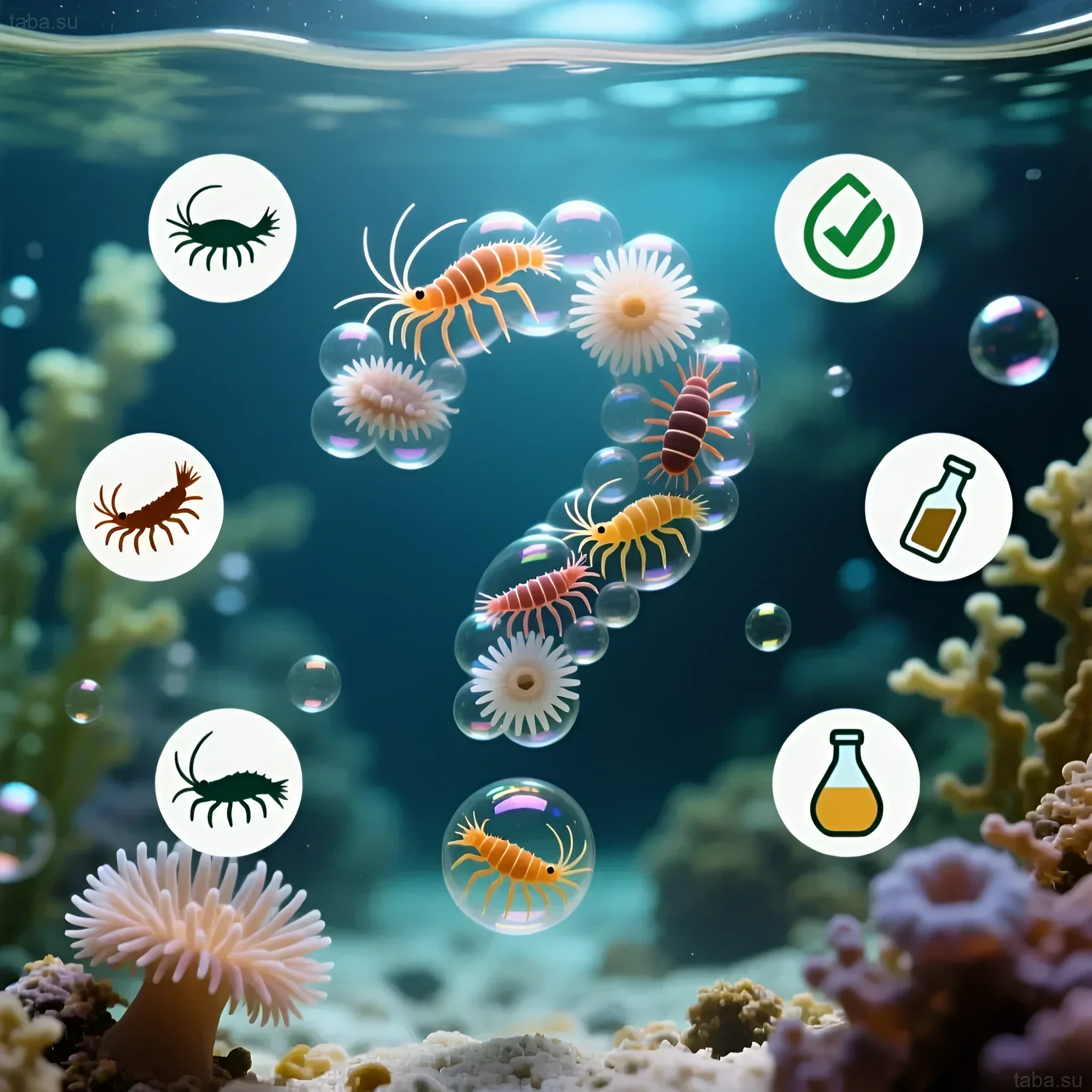 Illustration showing the problem of Aiptasia in an aquarium and methods of control: Wurdemann's shrimp, vinegar, and a healthy aquarium.