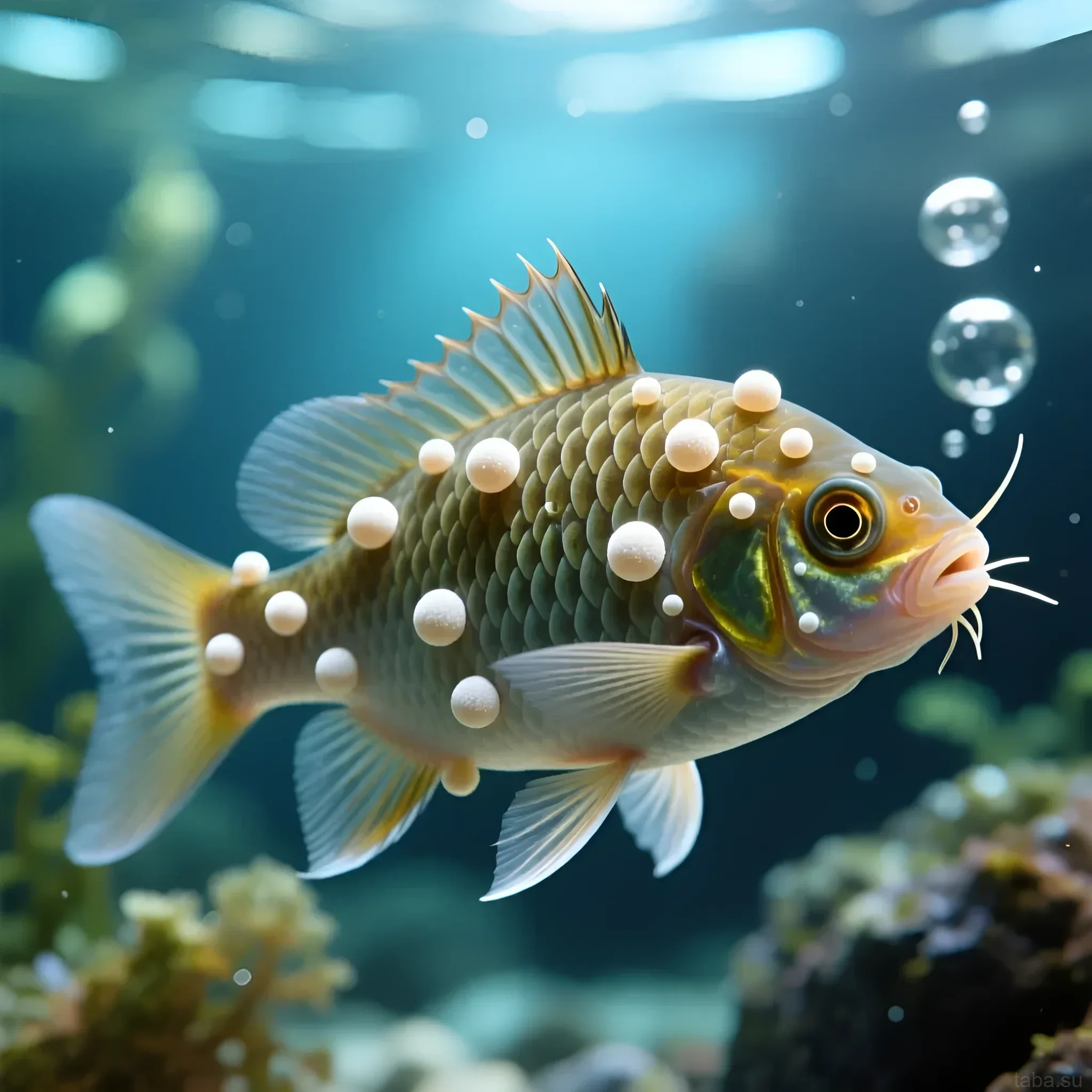 Фотография больной рыбы с характерными белыми точками на теле, вызванными паразитом Ichthyophthirius multifiliis. Симптомы ихтиофтириоза.