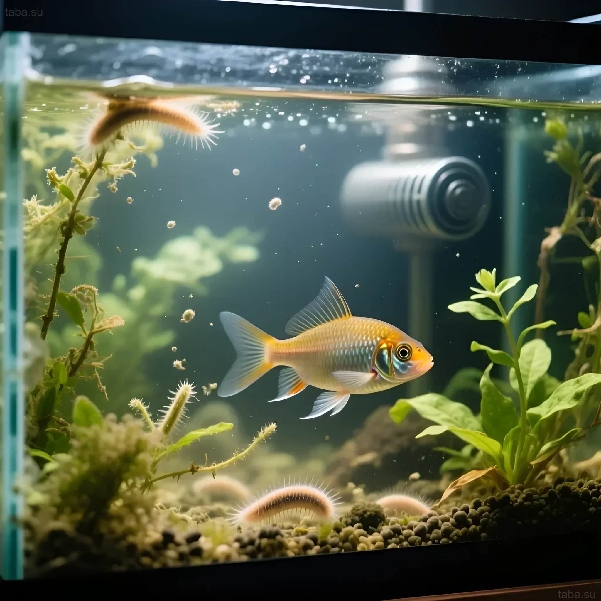 Фотография аквариума с золотым барбусом, демонстрирующая возможные симптомы ихтиофтириоза – белые точки на теле рыбы. Подробный анализ аквариумной среды.