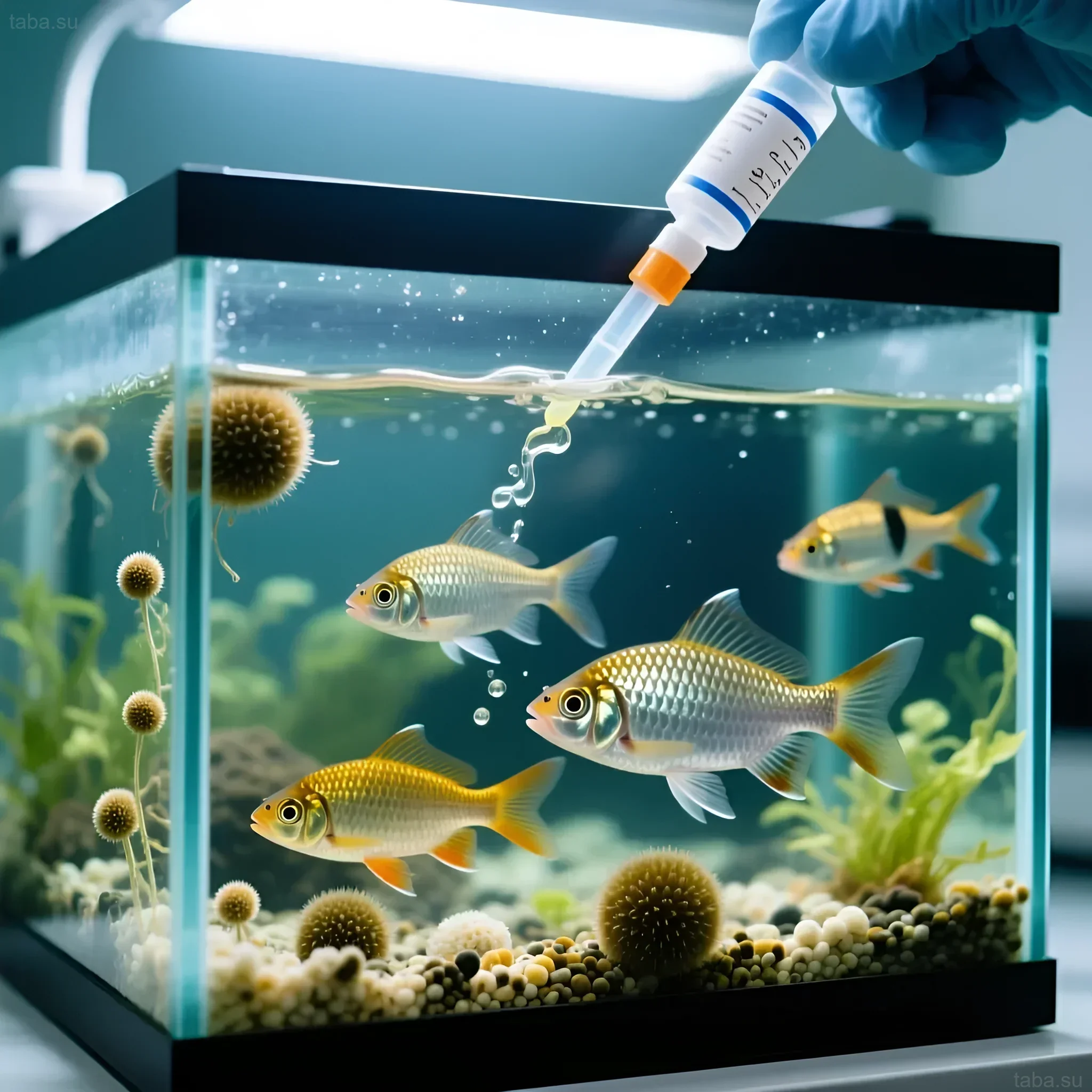 Фотография аквариума с рыбами и вводимым лекарством от оодиниоза. Иллюстрация процесса лечения «бархатной болезни» в домашних условиях.
