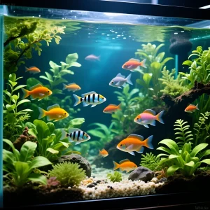Фотография красивого аквариума с разнообразными тропическими рыбами и густой растительностью, демонстрирующая здоровый водный мир.
