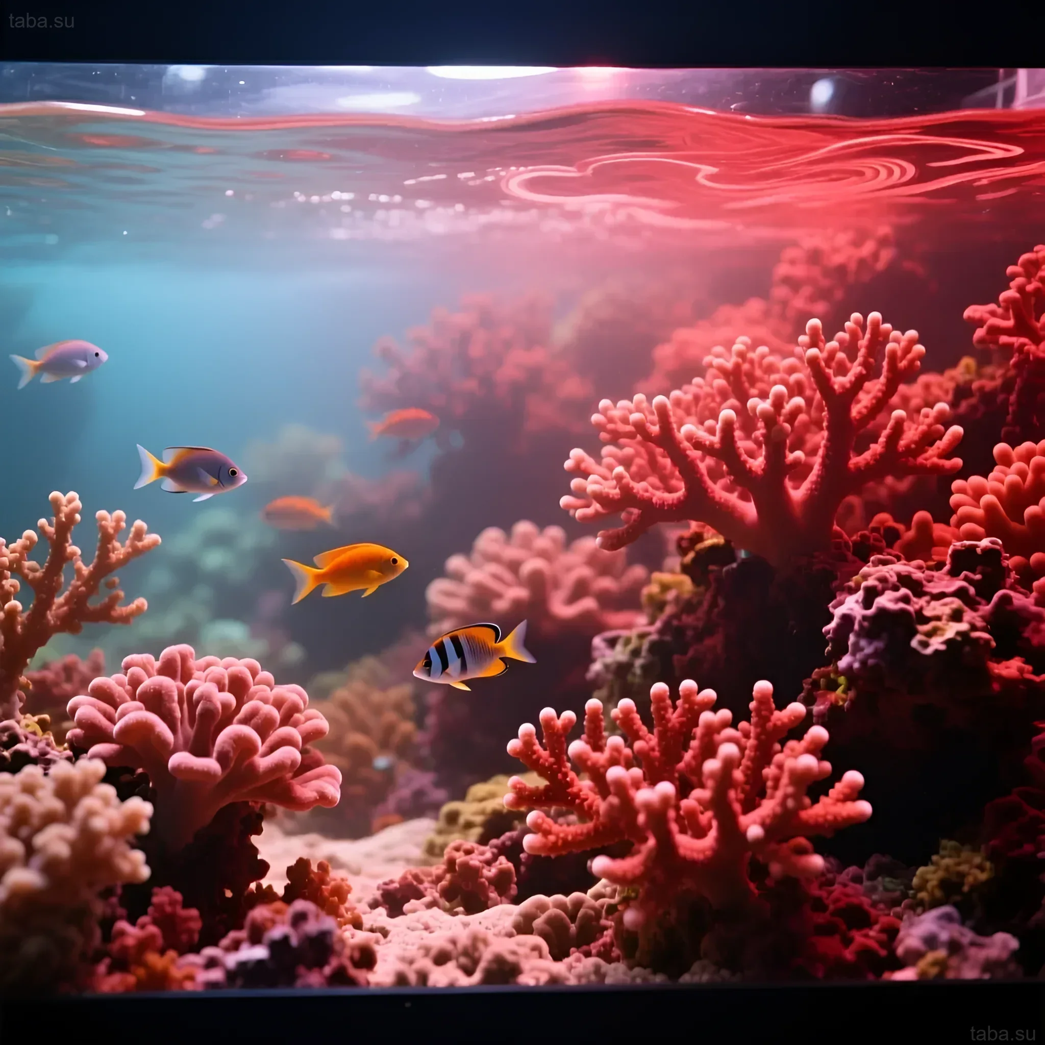 Фотография морского аквариума с коралловыми рифами и разноцветными рыбками. Идеально для иллюстрации статей о морском аквариумизме и борьбе с динофлагеллятами.