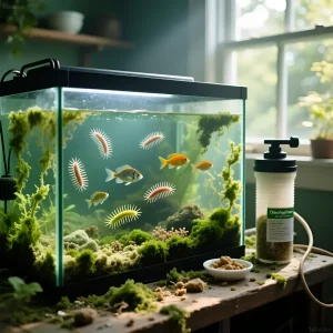 Фотография морского аквариума, пораженного вспышкой динофлагеллят. Изображены рыбы, кораллы и фильтр для борьбы с 'Дино'.