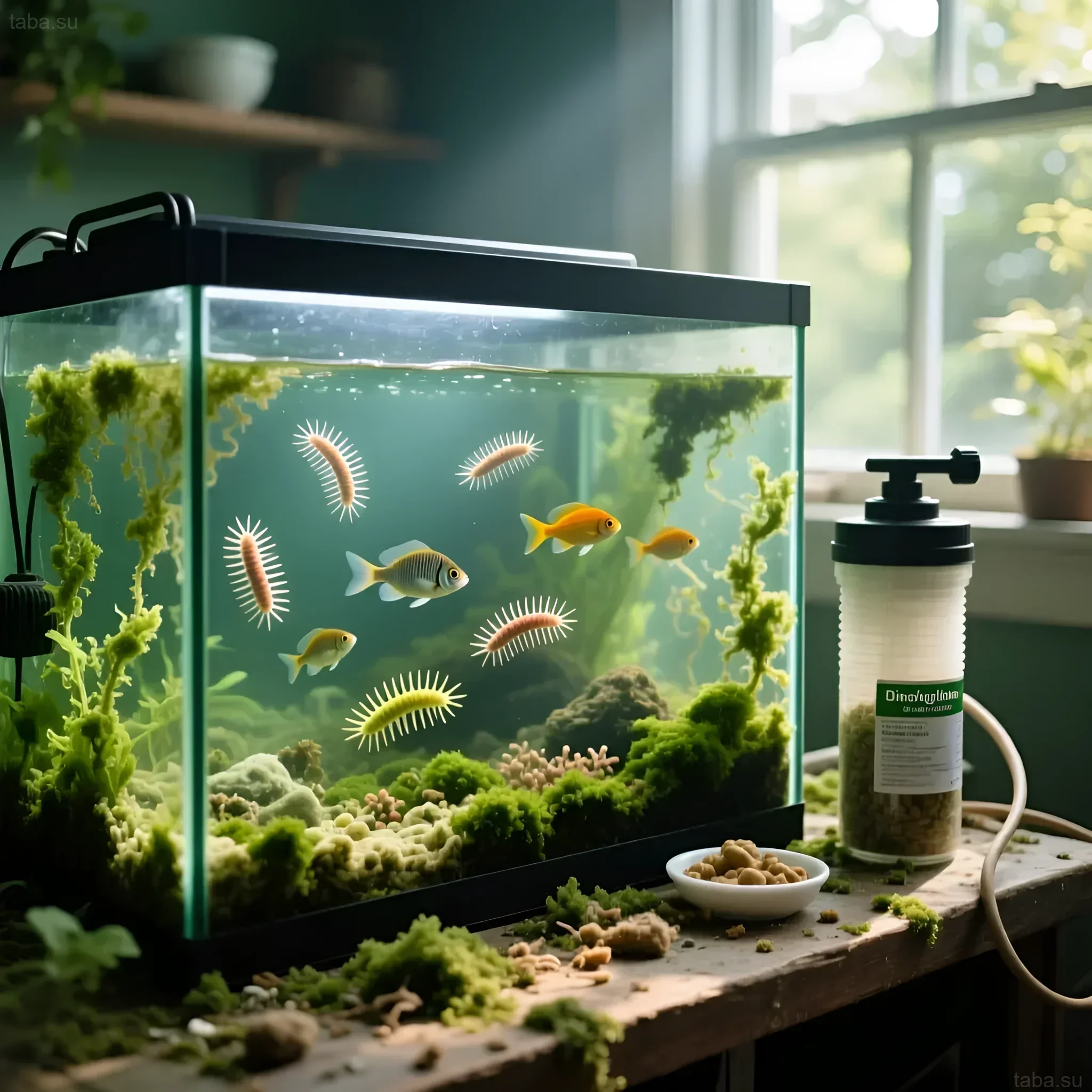 Photograph of a marine aquarium affected by a dinoflagellate bloom. Shows fish, corals, and a filter for combating 'Dinos'.