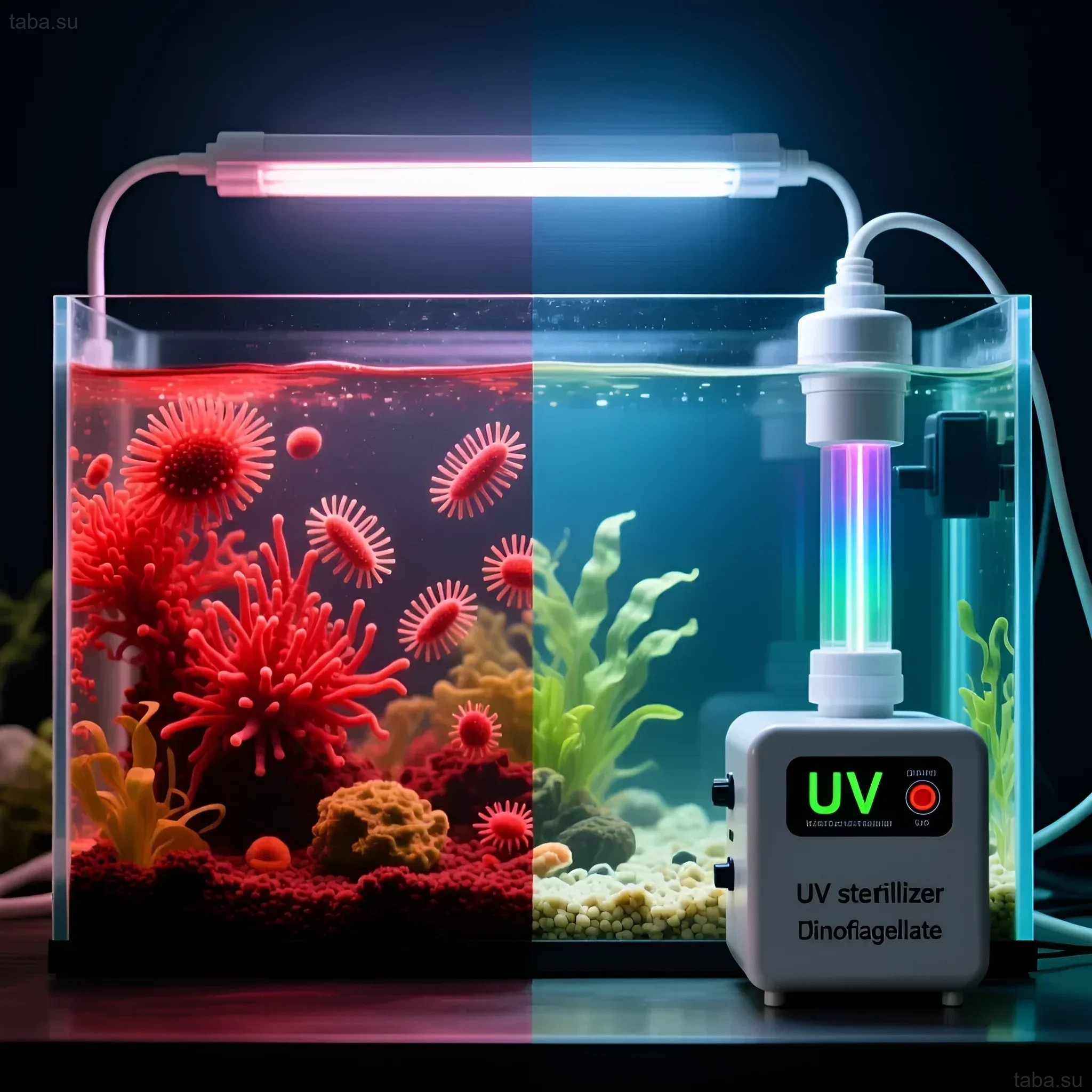 Illustration of a marine aquarium demonstrating the effectiveness of a UV sterilizer in combating dinoflagellates causing water discoloration.