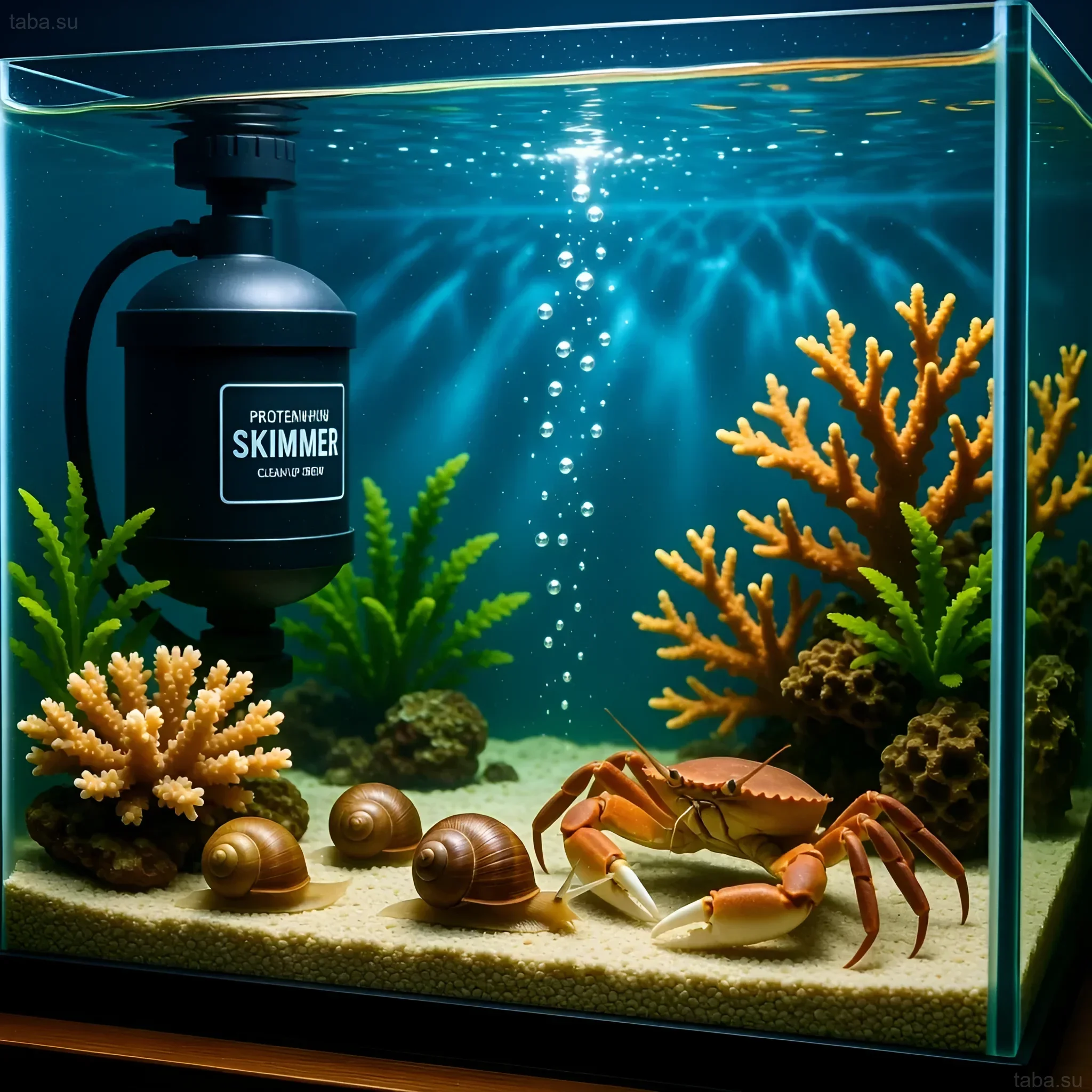 Image of a marine aquarium with coral reefs, a crab, snails, and a protein skimmer to maintain water clarity.