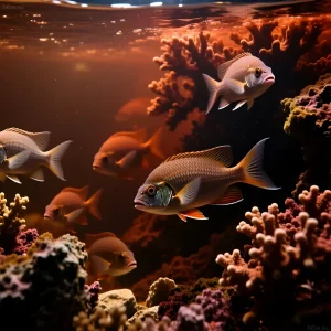 Фотография морского аквариума с коралловыми рифами и стаей серебристо-оранжевых рыб. Иллюстрация для статьи о динофлагеллятах.