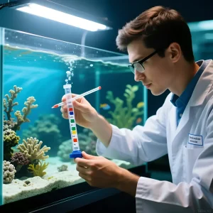 Фотография: аквариумист проводит анализ воды в морском аквариуме с помощью специального тестера для выявления динофлагеллят.