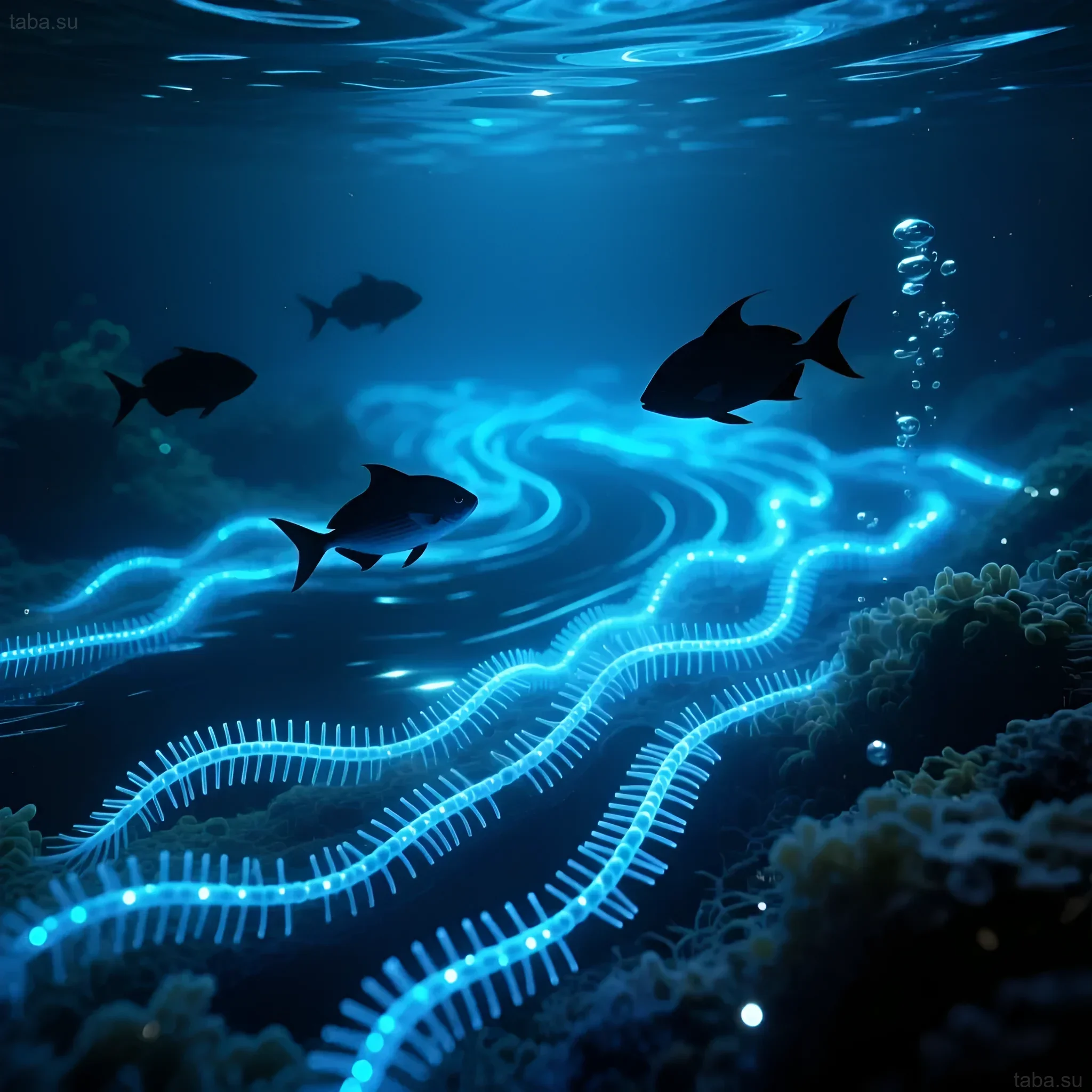 Photograph of a marine aquarium with colonies of dinoflagellates emitting bright blue light, and swimming fish. Illustration for an article about Dinos.