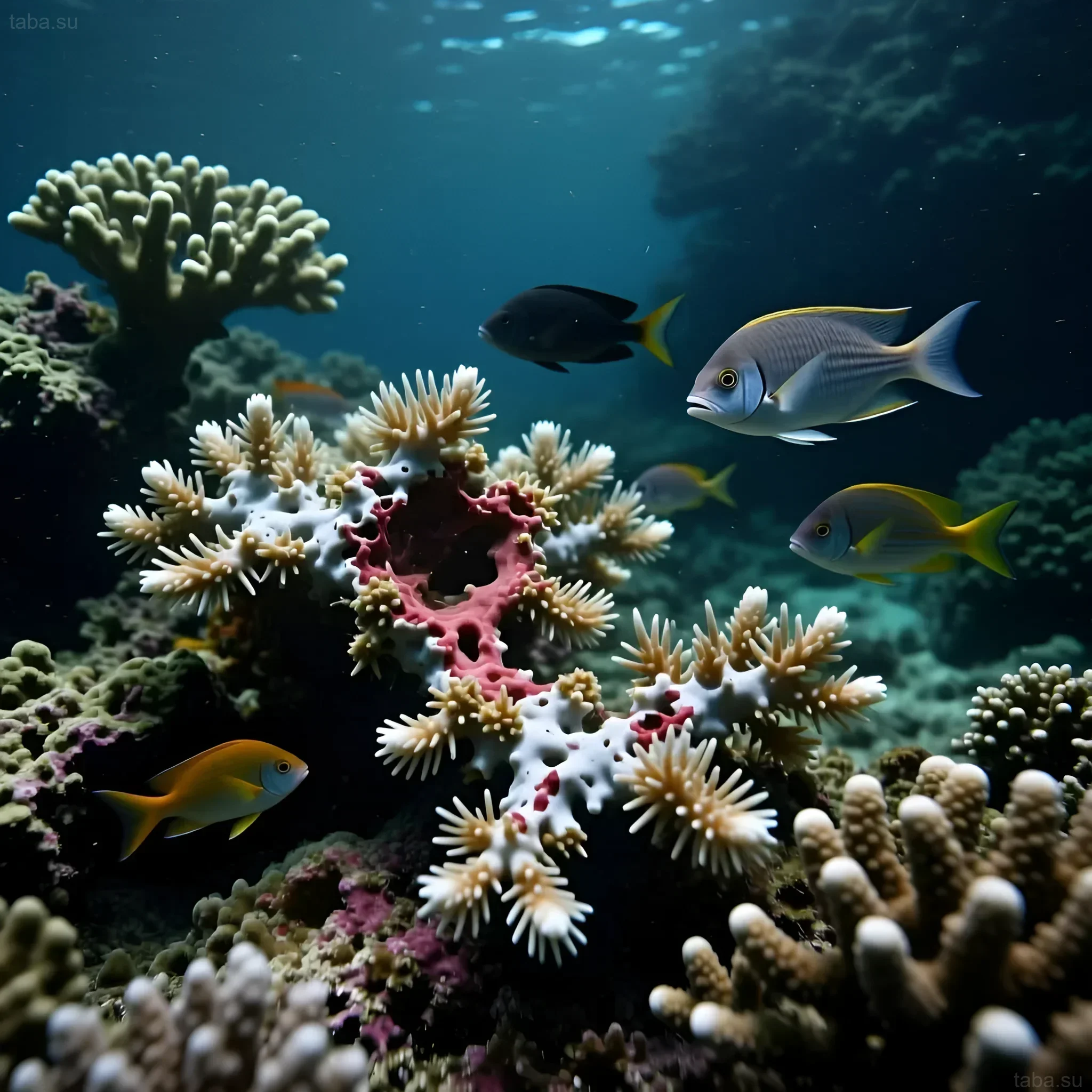 Photograph of a marine aquarium with coral reefs and bright tropical fish. Illustration for an article about dinoflagellates and their impact on the ecosystem.