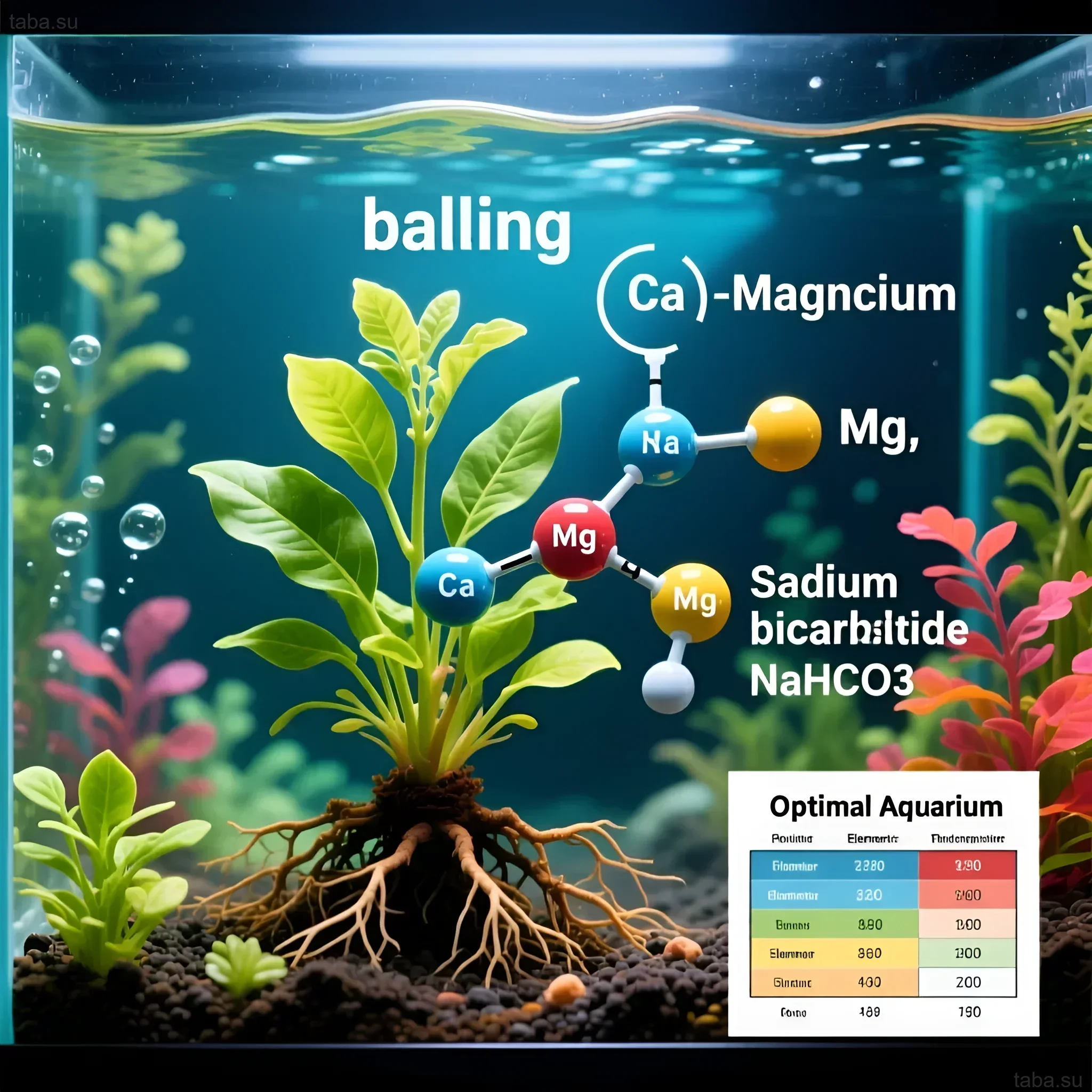 Illustration of an aquarium with an emphasis on the Balling system: calcium, magnesium, and soda for optimal plant growth and fish health.