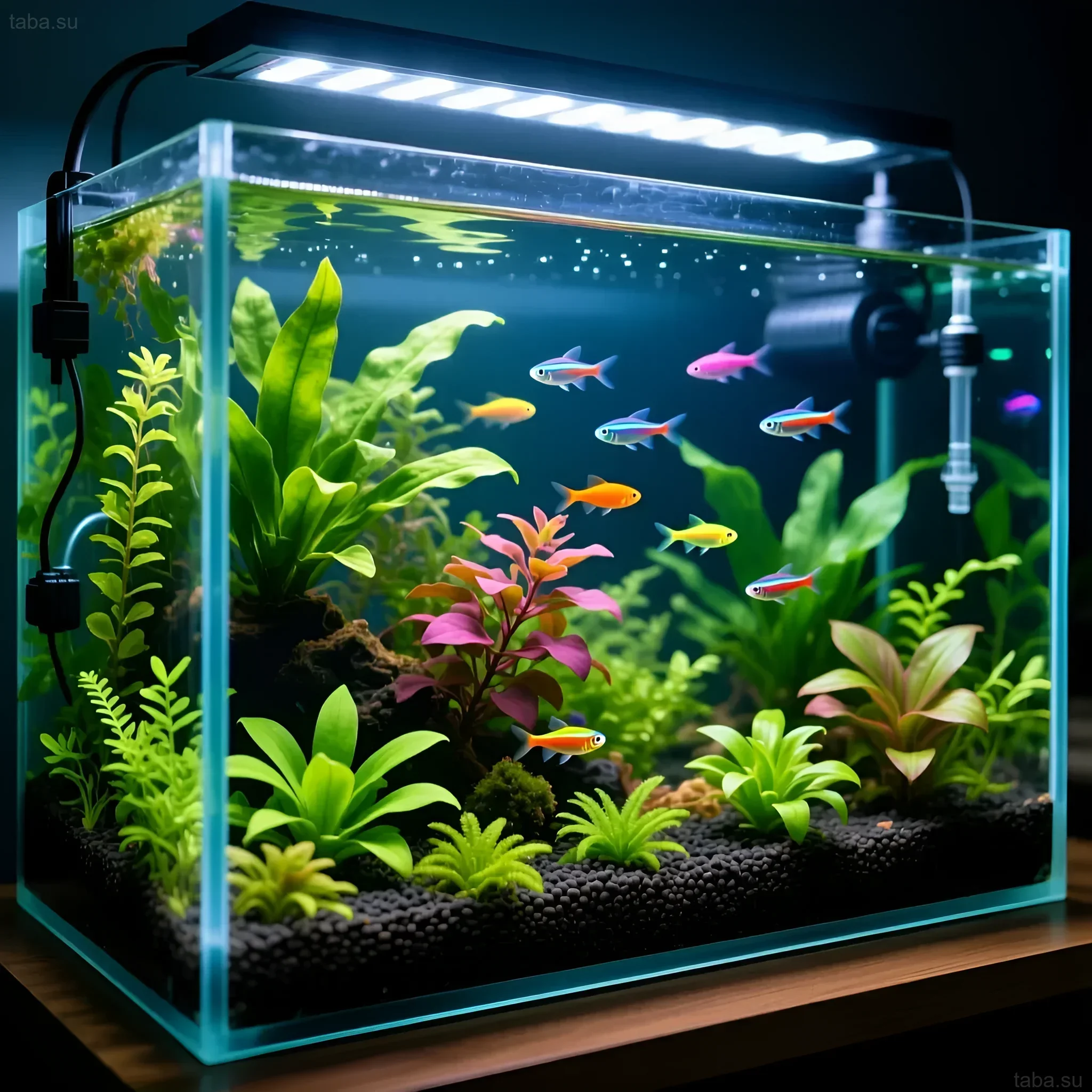 Фотография аквариума с неоновыми тетрами, густо засаженного различными растениями. Идеальный пример для любителей акваскейпа и баллинга.