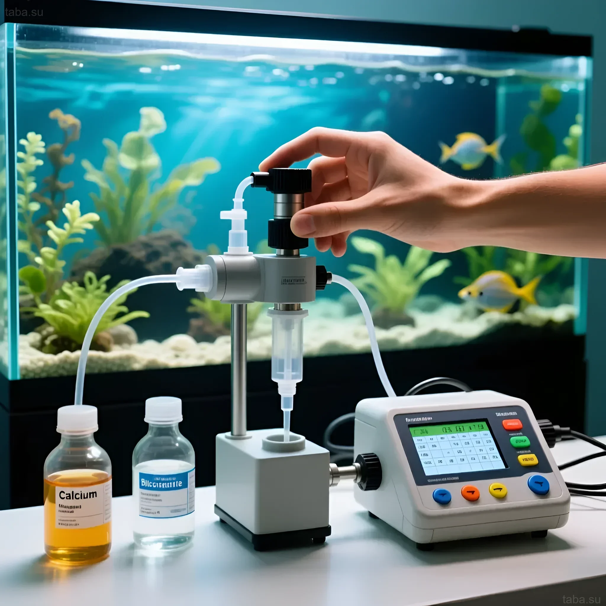 Photograph of a dosing pump for Balling in a marine aquarium with fish and corals. Automation of calcium and soda supply.