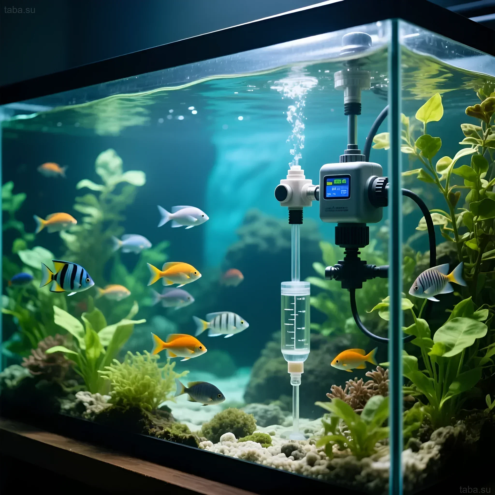 Photograph of an aquarium with an auto-top-off system and dosing pumps, demonstrating the maintenance of optimal water parameters for fish and plants.