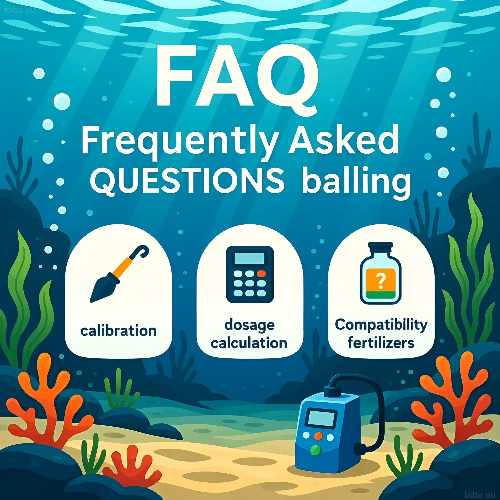 Illustration with questions about dosing calcium, soda, and fertilizers in a marine aquarium, calibration, and compatibility.