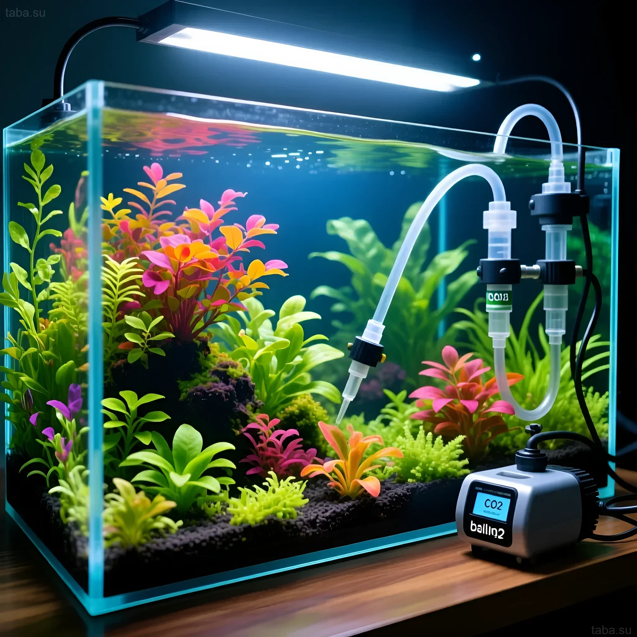 Image of an aquarium with an automatic Balling dosing system (calcium, soda) to maintain optimal plant growth and vibrant colors.