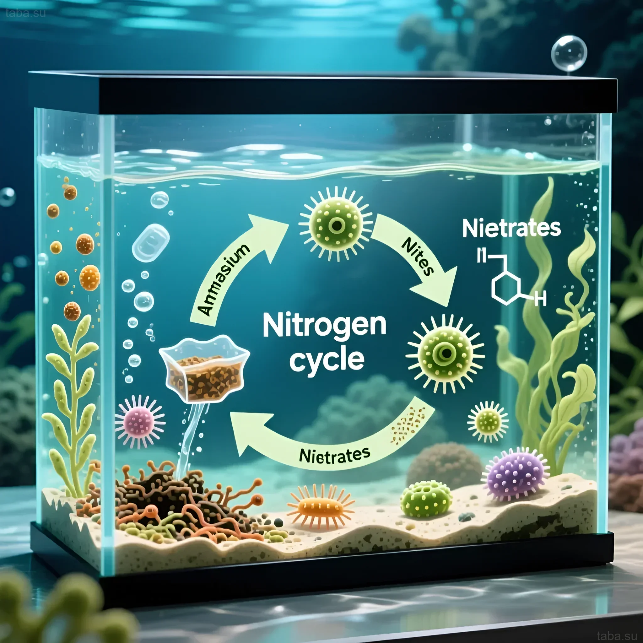 Схема азотного цикла в аквариуме с бактериями, аммиаком, нитритами и нитратами. Иллюстрация для понимания аквариумной химии.