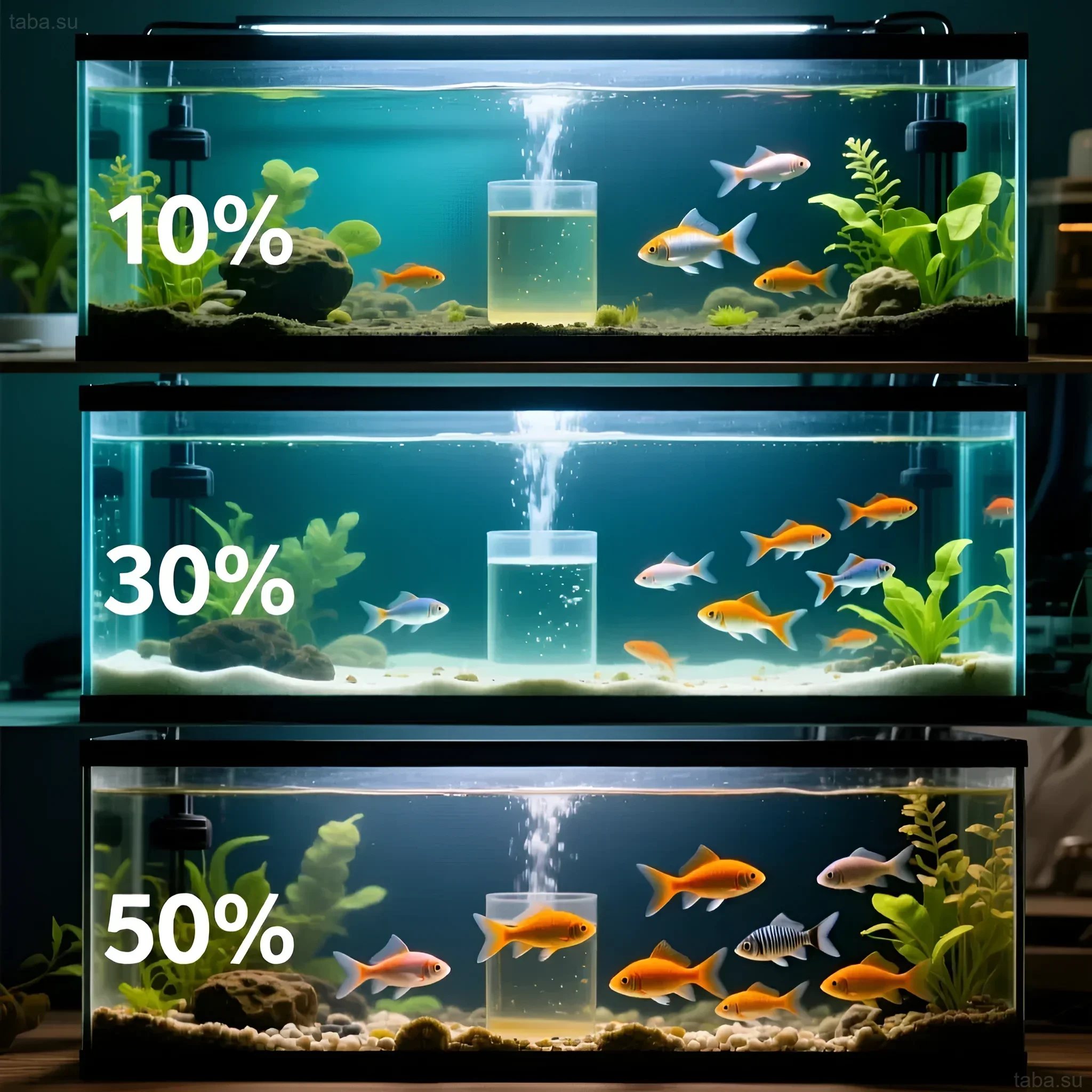 Сравнение трех аквариумов с разным процентом еженедельной подмены воды: 10%, 30% и 50%. Оценка чистоты и здоровья рыб.