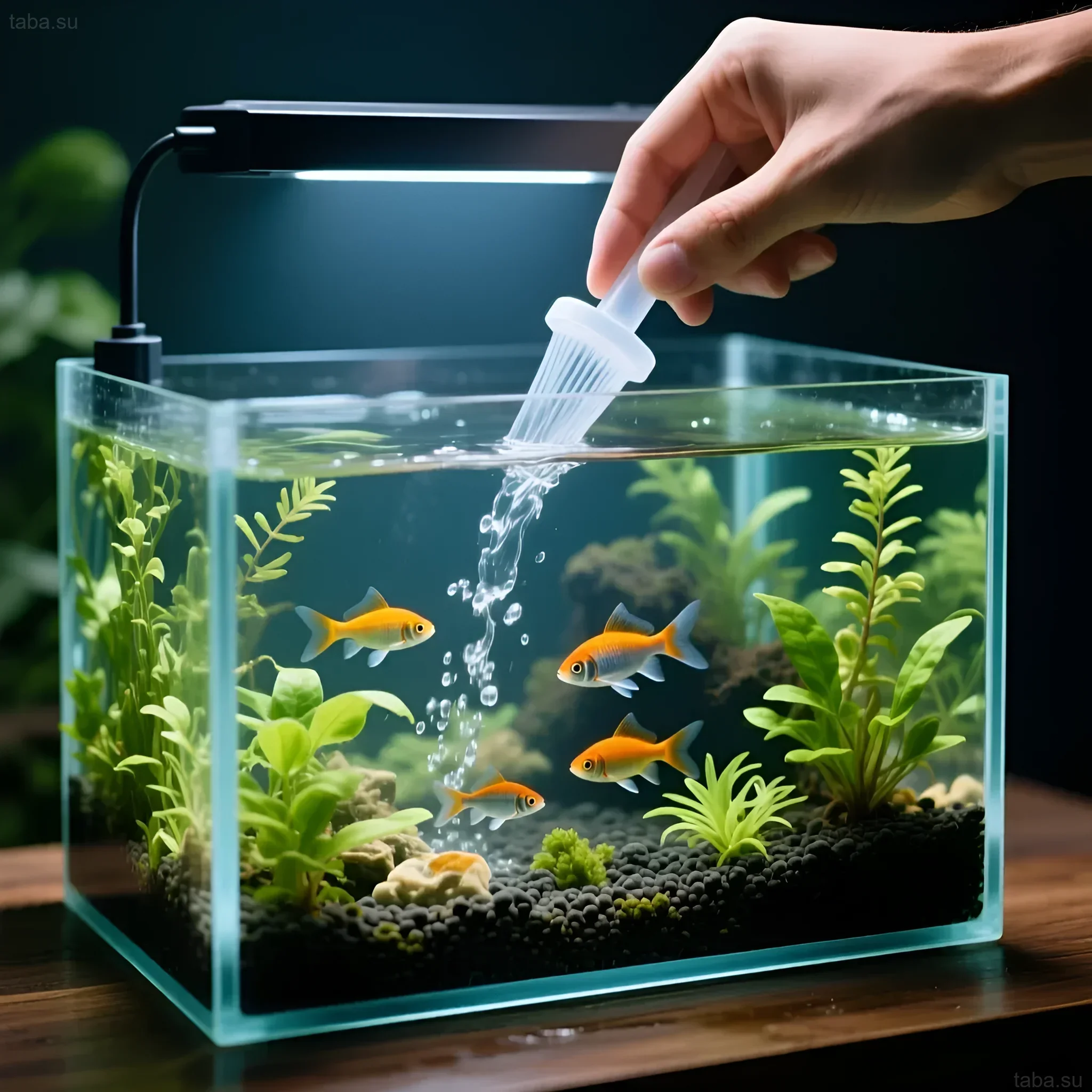 Иллюстрация процесса подмены воды в небольшом аквариуме с золотыми рыбками и живыми растениями. Поддержание чистоты аквариума.