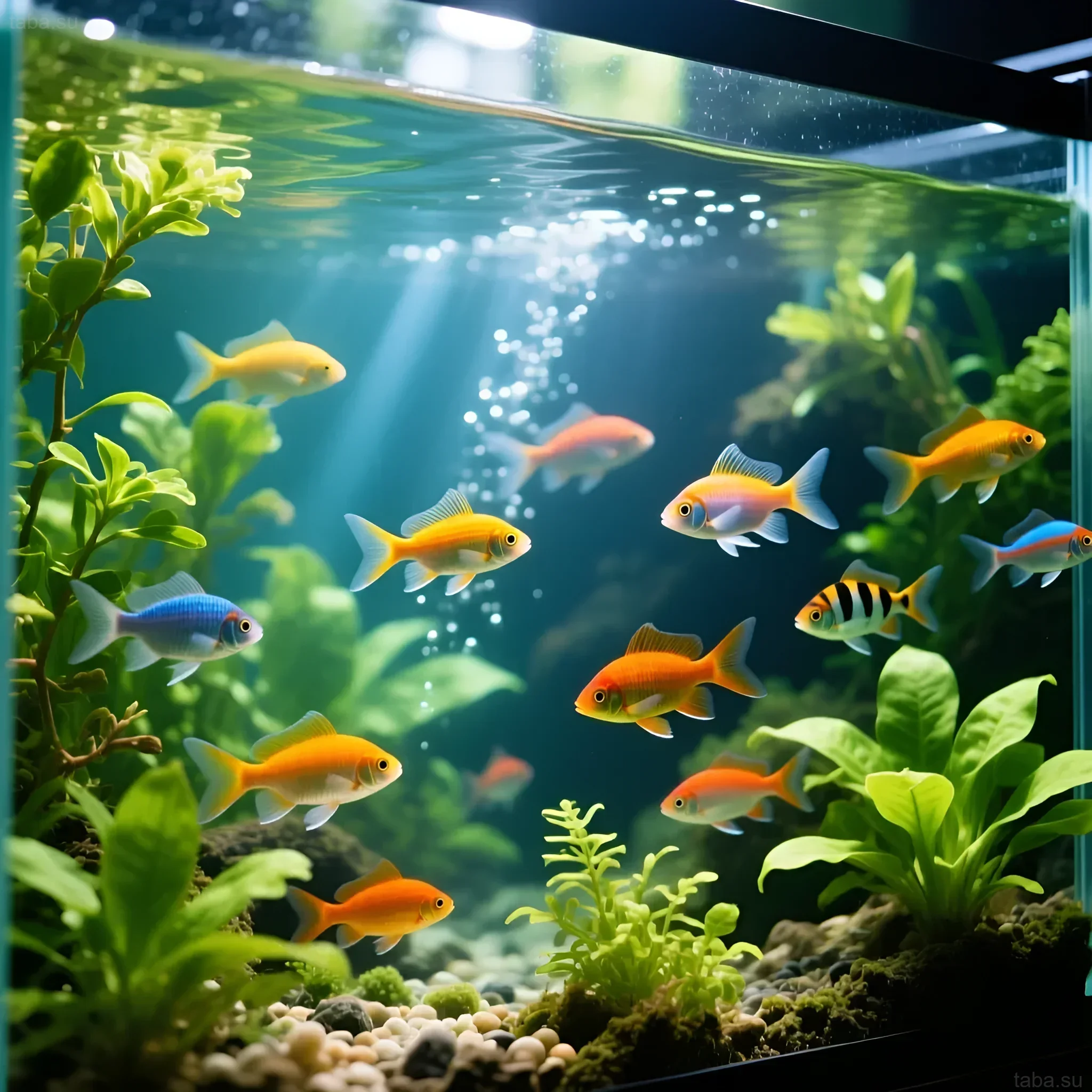 Фотография аквариума с золотыми барбусами, густой растительностью и чистой водой. Идеальный пример здоровой аквасистемы для начинающих.