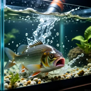 Фотография крупного золотого карпа в аквариуме с галькой и растениями. Идеальное изображение для статьи об уходе за аквариумной водой.