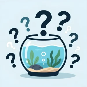Иллюстрация аквариума, окруженного вопросительными знаками, символизирует выбор оптимального процента подмены воды для здоровья рыб.