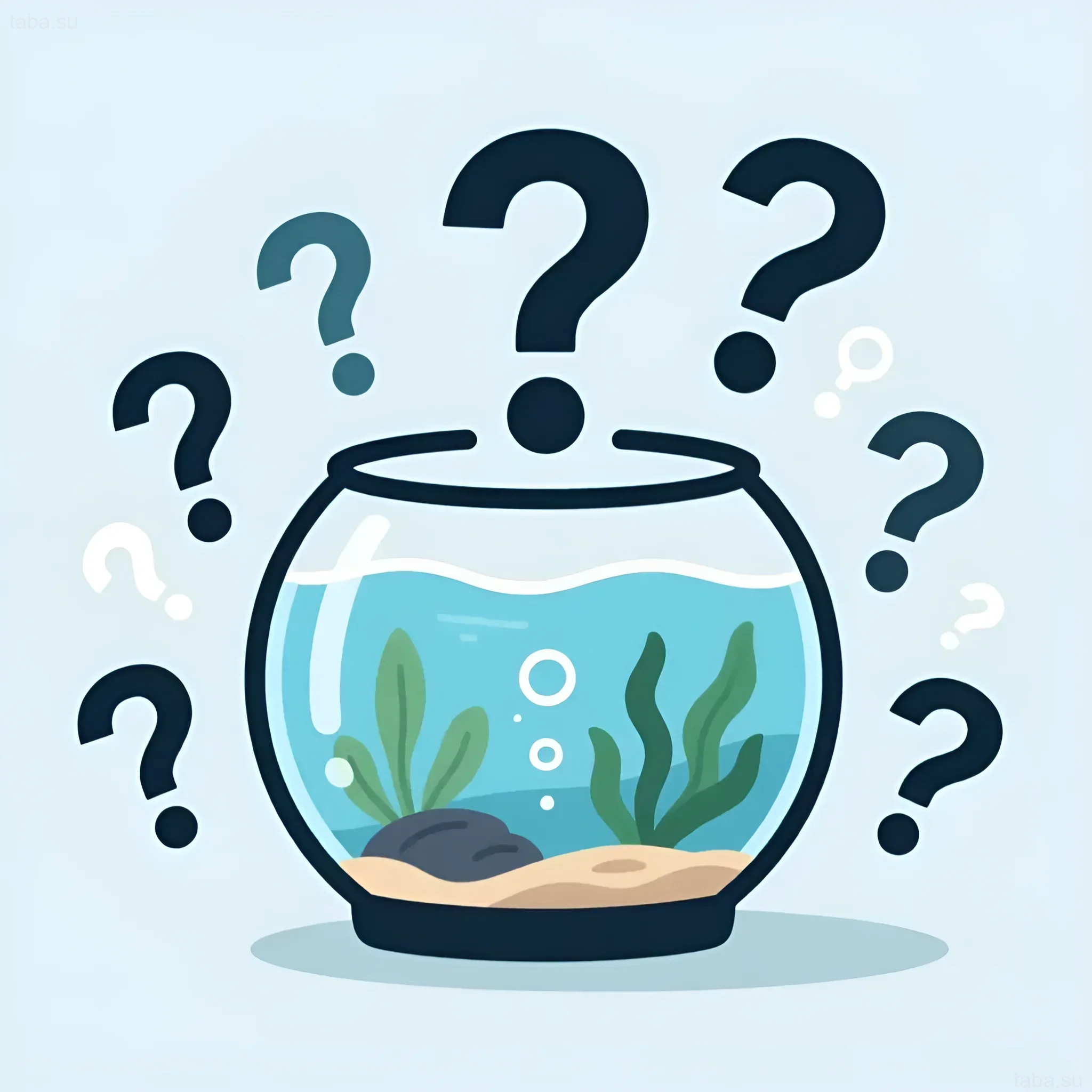 Иллюстрация аквариума, окруженного вопросительными знаками, символизирует выбор оптимального процента подмены воды для здоровья рыб.
