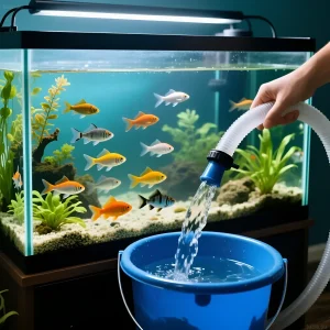 Фотография процесса подмены воды в аквариуме с яркими барбусами и золотыми рыбками. Поддержание чистоты аквариума для здоровья питомцев.