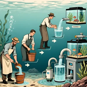 Иллюстрация демонстрирует прогресс в подмене воды в аквариуме, от ручного труда с ведрами до автоматизированных систем фильтрации и подачи воды.