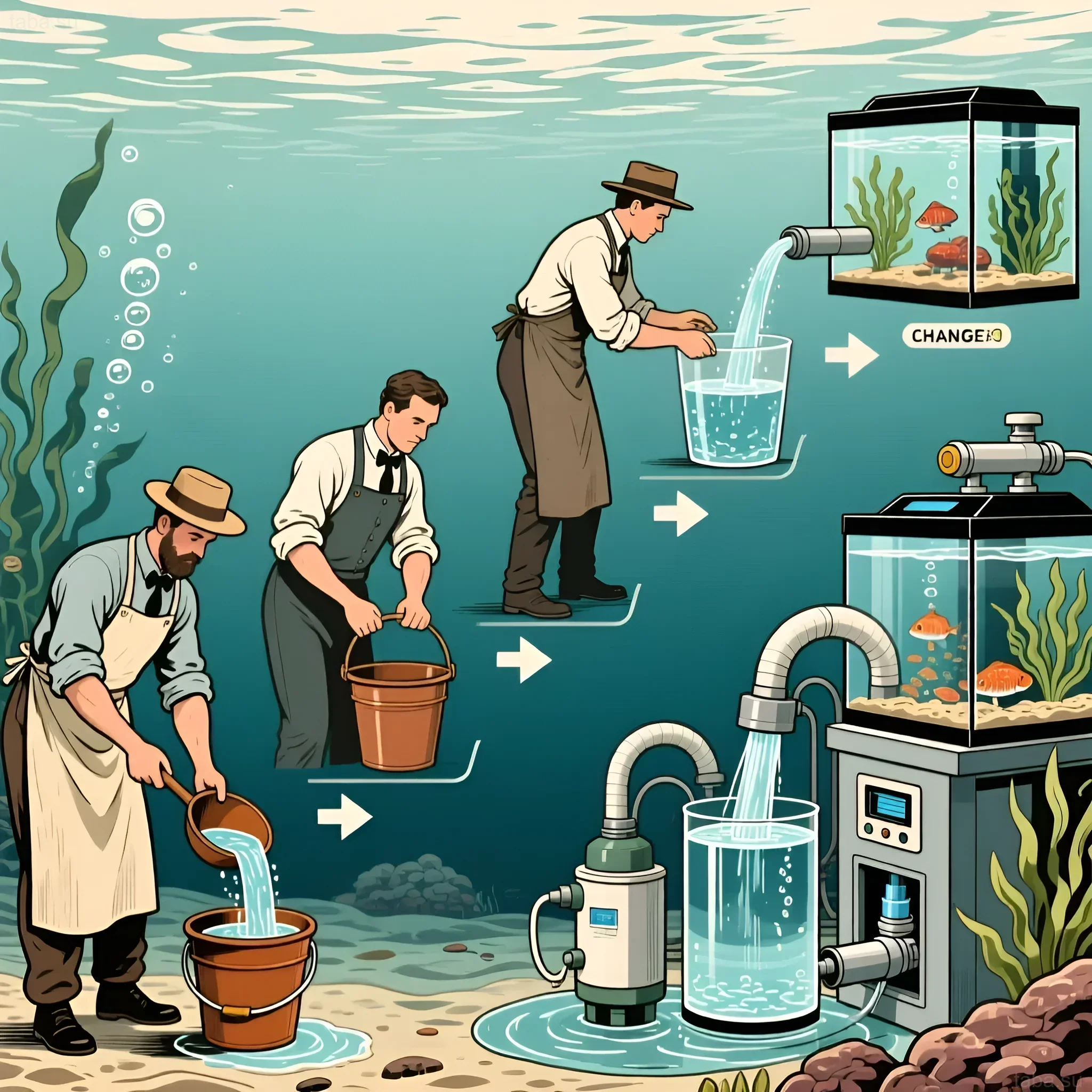 Иллюстрация демонстрирует прогресс в подмене воды в аквариуме, от ручного труда с ведрами до автоматизированных систем фильтрации и подачи воды.