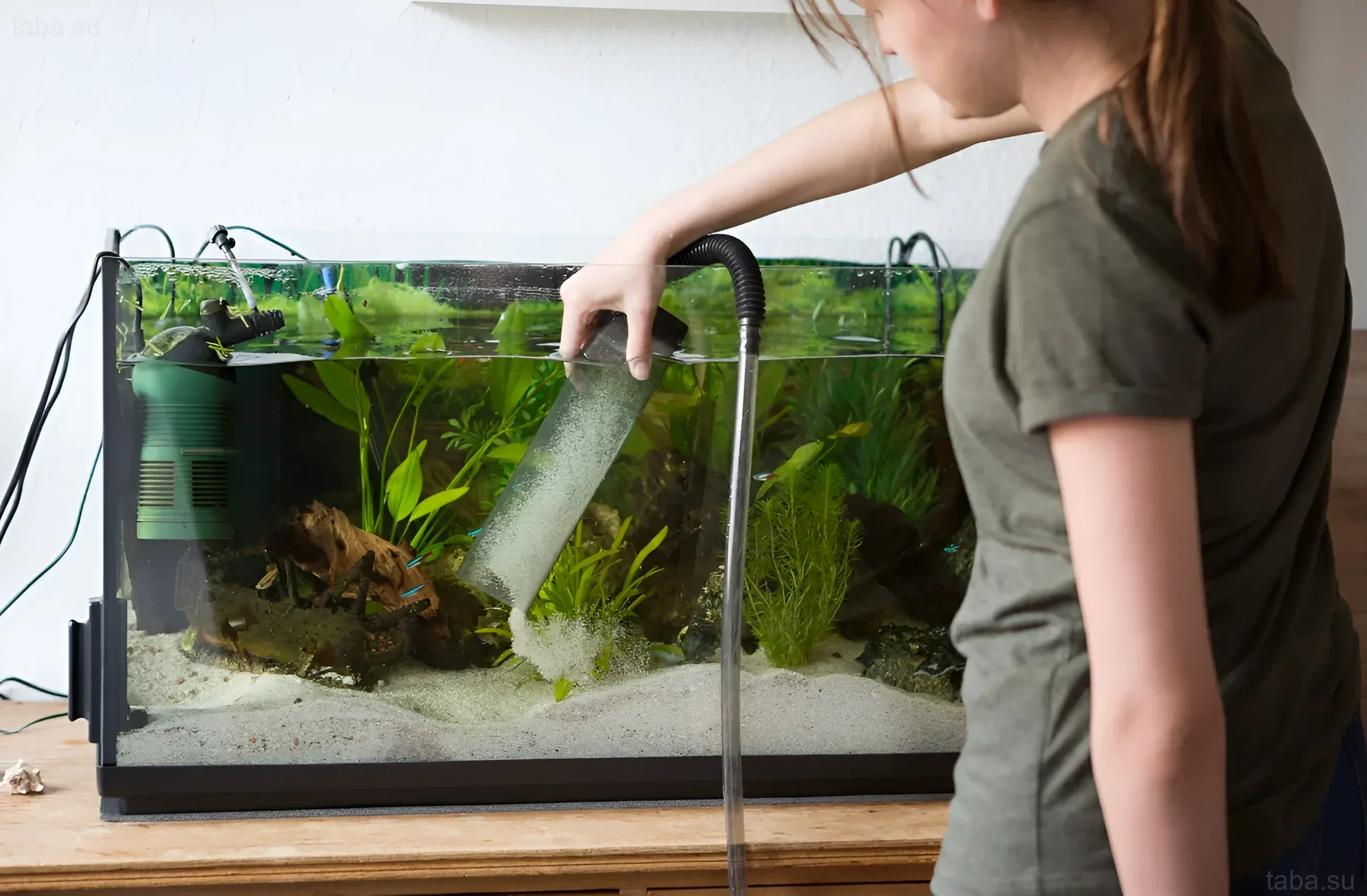 Фотография процесса сифонного очищения аквариума. Поддержание чистоты воды – залог здоровья и долголетия ваших водных питомцев.