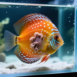 Фотография дискуса с явными признаками ихтиофтириоза ("манки"). Белые точки на теле и плавниках сигнализируют о паразитарном заболевании.