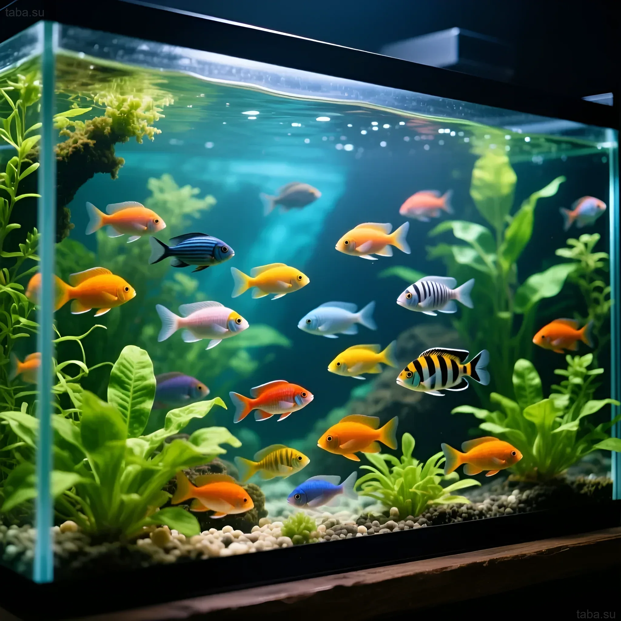 Фотография аквариума с разнообразными тропическими рыбками, плавающими среди живых растений и декоративного грунта. Идеально для иллюстрации статей об ихтиофтириозе.