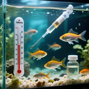 Изображение аквариума с золотыми рыбками, термометром и медицинским шприцем, иллюстрирующее лечение ихтиофтириоза повышением температуры и препаратами.