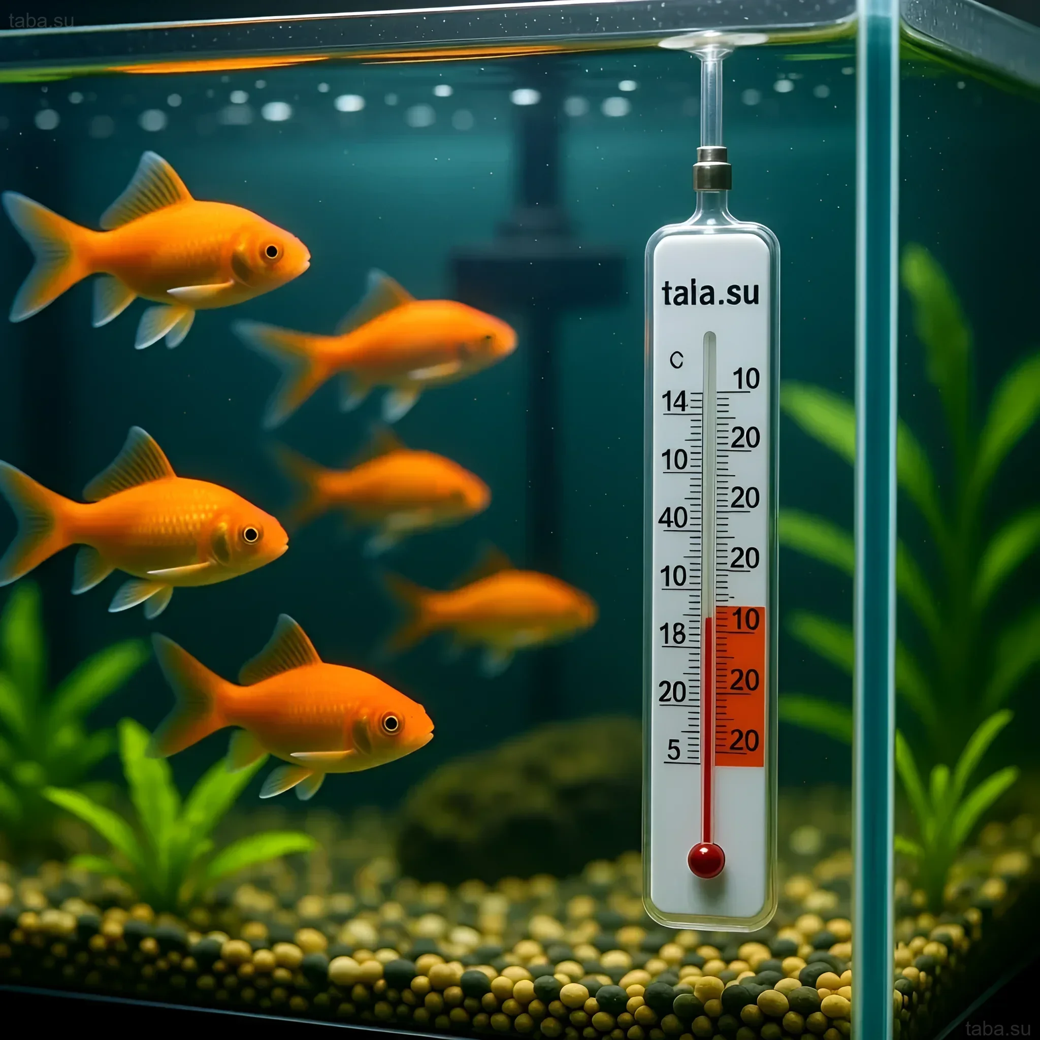 Illustration of an aquarium with goldfish and a thermometer, demonstrating temperature increase for ichthyophthirius treatment. Detailed analysis of the aquarium environment.
