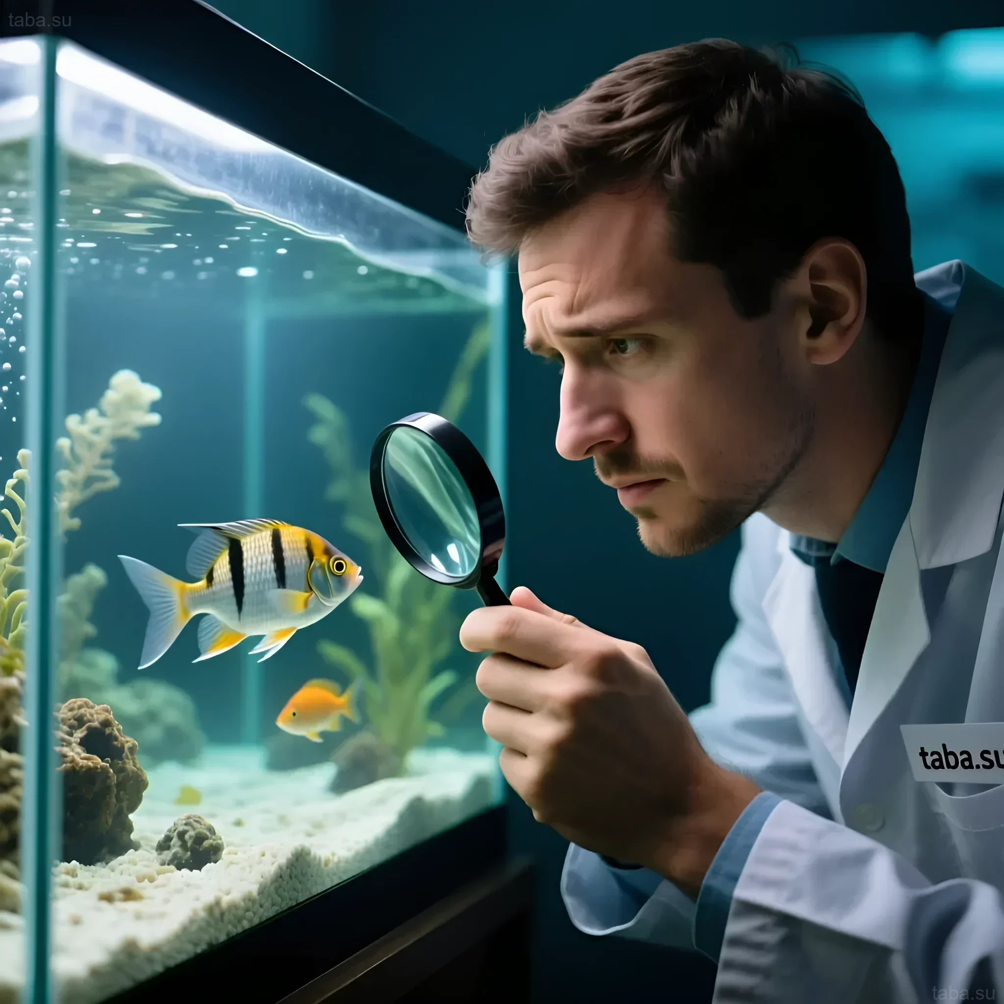 Image showing an aquarium with fish and an aquarist examining them with a magnifying glass to detect signs of ichthyophthirius (Ich).