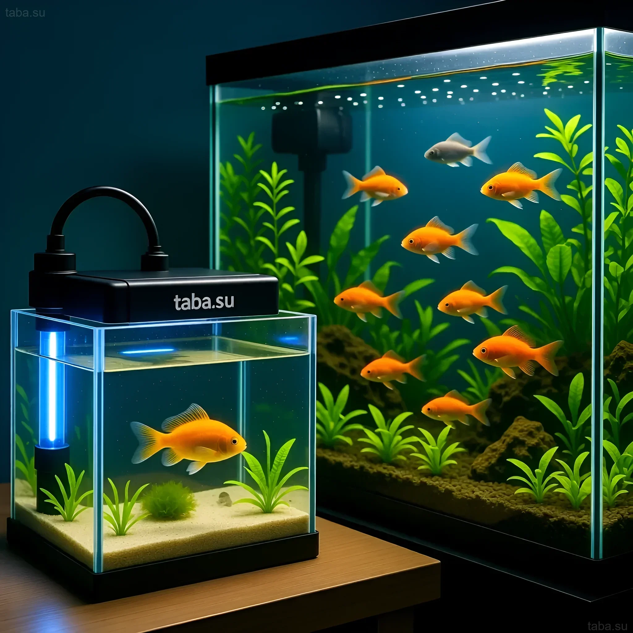 Image of an aquarium with goldfish and dense vegetation, demonstrating conditions for preventing ichthyophthirius and other diseases.