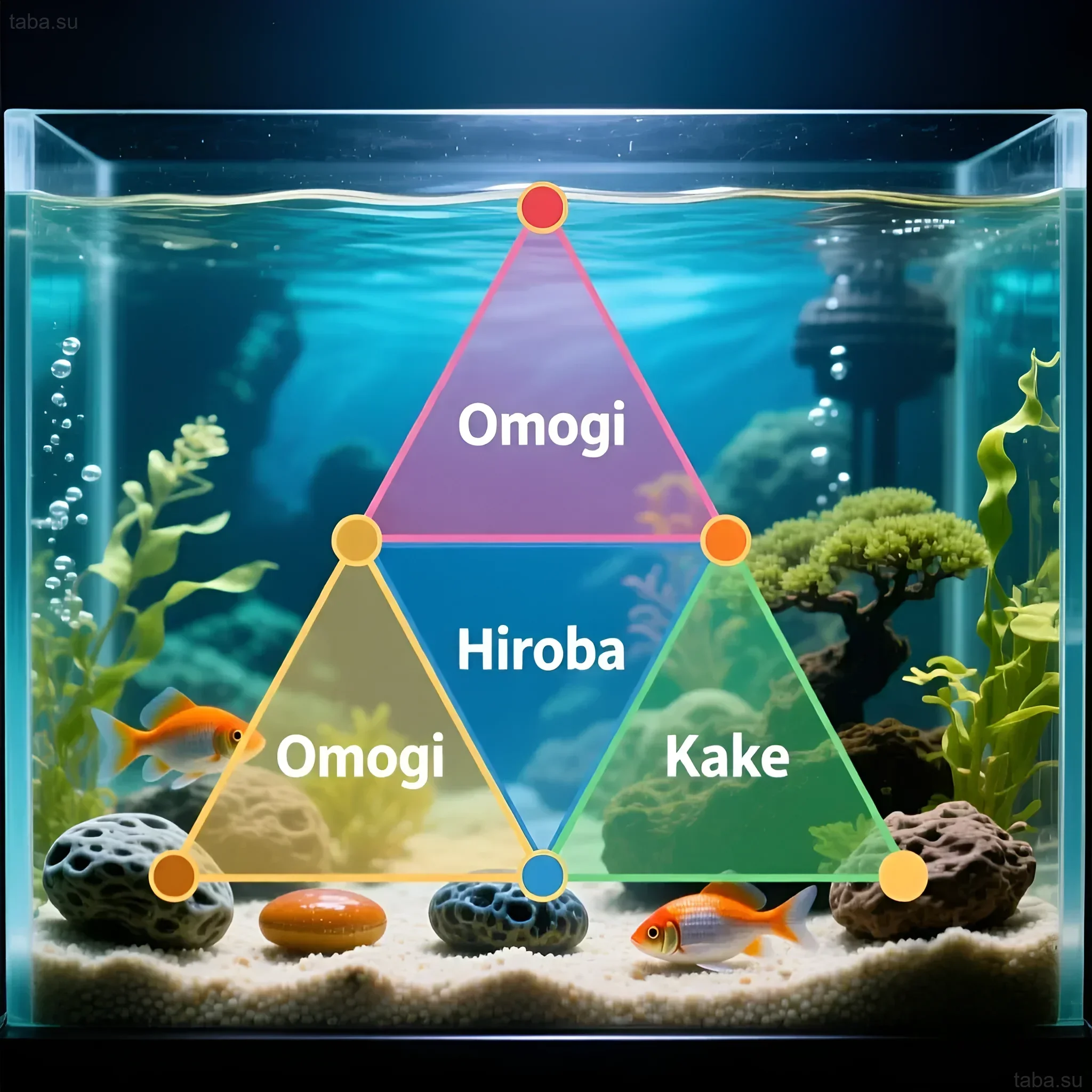مثال لحوض سمك بأسلوب إيواجومي باستخدام قاعدة النسبة الذهبية. الأحجار والنباتات والأسماك تخلق تكوينًا متوازنًا.