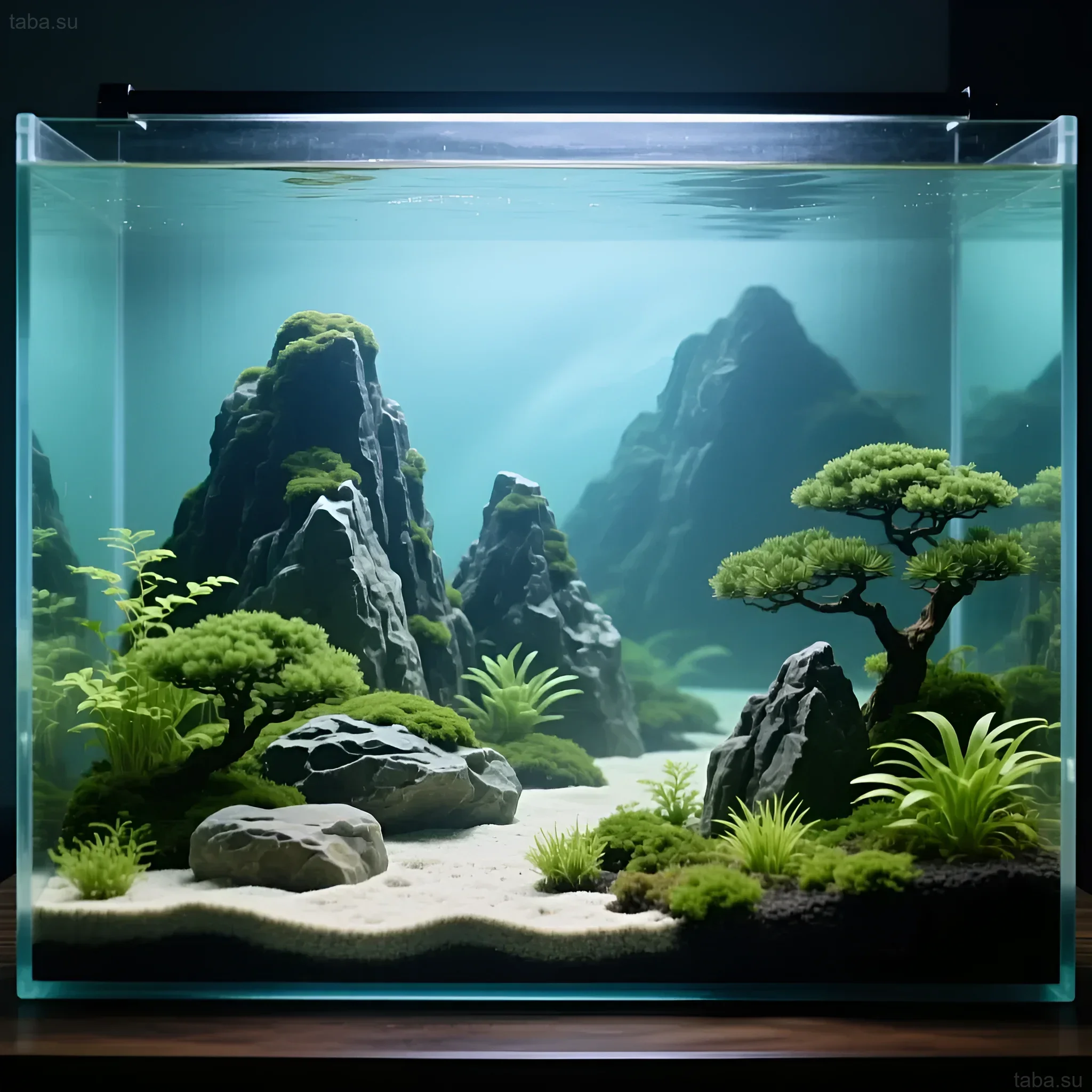Фотография аквариума в стиле ивагуми с использованием камней, мха и растений, имитирующих горный пейзаж. Идеально для любителей минимализма.