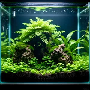 Ивагуми аквариум с использованием темного субстрата, камней, мха и папоротника. Создание природного подводного ландшафта в стиле Ивагуми.