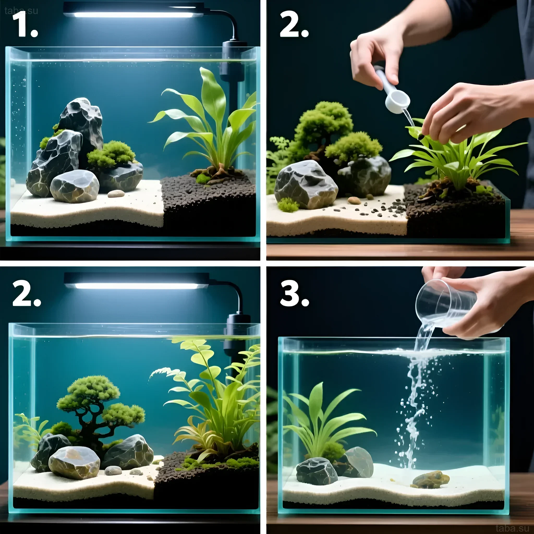 صور توضح عملية إنشاء حوض سمك بأسلوب إيواجومي: من وضع الأحجار إلى زراعة النباتات وملء الماء.