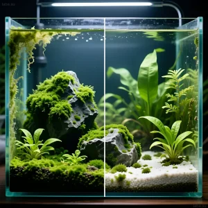 Фотография аквариума Ивагуми с использованием камней, мха и растений. Демонстрирует принципы ландшафтного дизайна в аквариумистике.