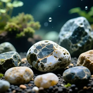 Фотография аквариума в стиле Ивагуми с акцентом на камни. Подборка камней разных форм и текстур для создания природного пейзажа.