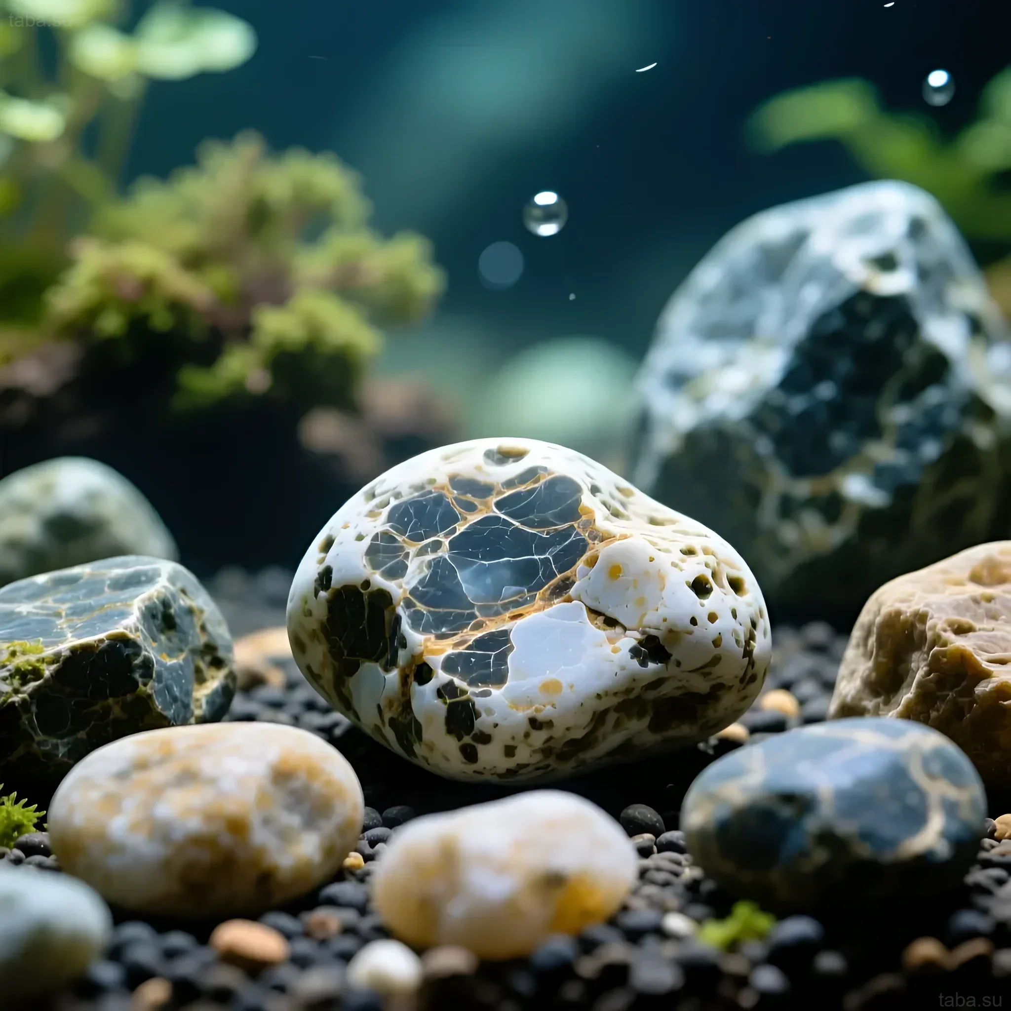 صورة لحوض سمك بأسلوب إيواجومي مع التركيز على الأحجار. مجموعة من الأحجار بأشكال وملمس مختلف لخلق منظر طبيعي.