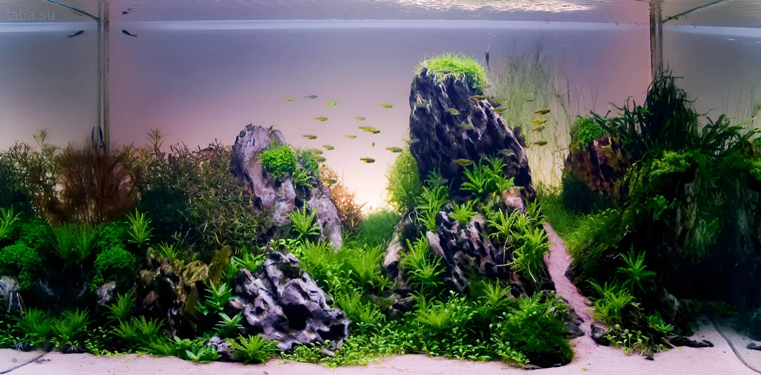 صورة لحوض سمك بأسلوب إيواجومي يستخدم الأحجار والنباتات وسمكة صغيرة. توازن مثالي وبساطة.