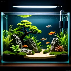 Изысканный аквариум Ивагуми с тщательно подобранными камнями, зелеными растениями и стайкой ярких золотых рыбок. Идеальный подводный сад.