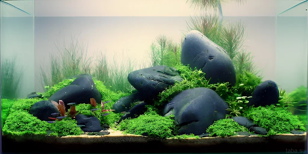 صورة لحوض سمك بأسلوب إيواجومي بأحجار داكنة وطحالب خضراء وسرب من الأسماك الصغيرة. منظر طبيعي مثالي تحت الماء.