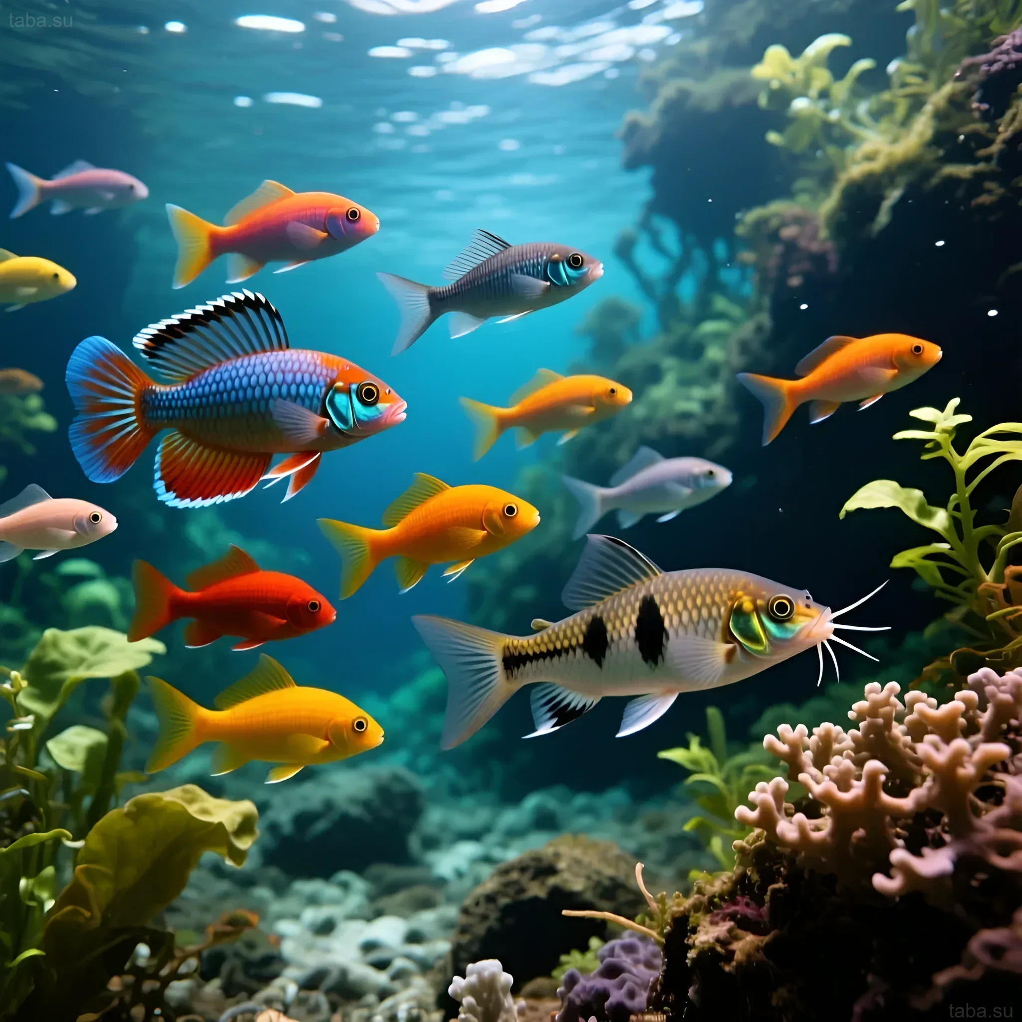 रंगीन उष्णकटिबंधीय एक्वेरियम की तस्वीर जिसमें विभिन्न प्रकार की मछलियां और कोरल हैं। उष्णकटिबंधीय मछली रखने पर लेखों को चित्रित करने के लिए आदर्श।