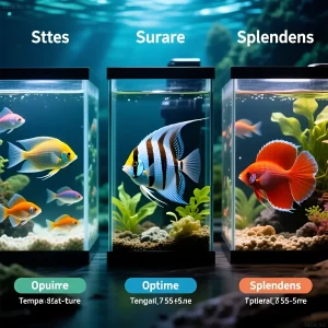 Иллюстрация трех аквариумов с яркими тропическими рыбами, демонстрирующая оптимальные температурные условия для разных видов.