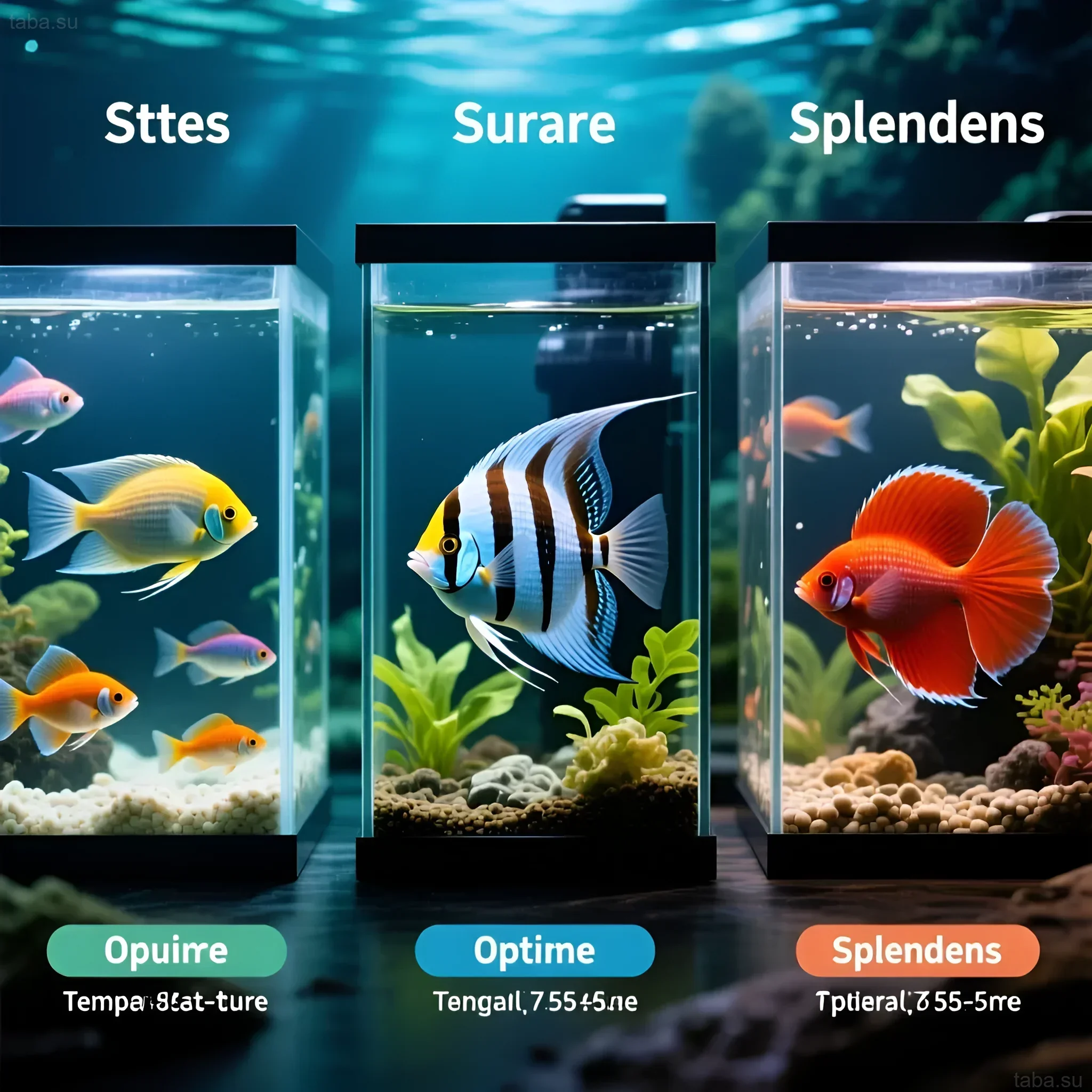तीन एक्वेरियम का चित्रण जिसमें चमकीली उष्णकटिबंधीय मछलियां हैं, जो विभिन्न प्रजातियों के लिए इष्टतम तापमान की स्थिति दर्शाती हैं।